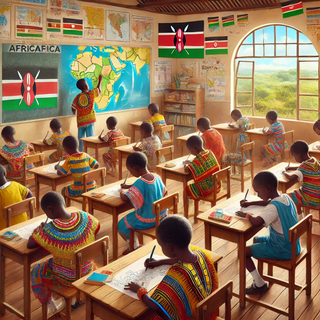 DALL·E 2025 01 27 17.06.07 A vibrant African classroom scene featuring children drawing and writing at their desks. The children are wearing colorful traditional African attire