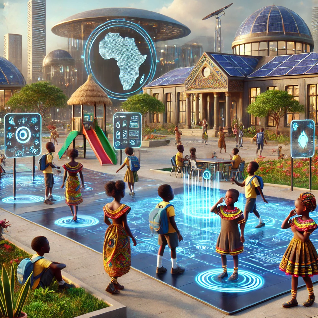 DALL·E 2025 01 28 16.12.43 A futuristic African school setting with African children playing and interacting. The environment features advanced yet culturally inspired technolog